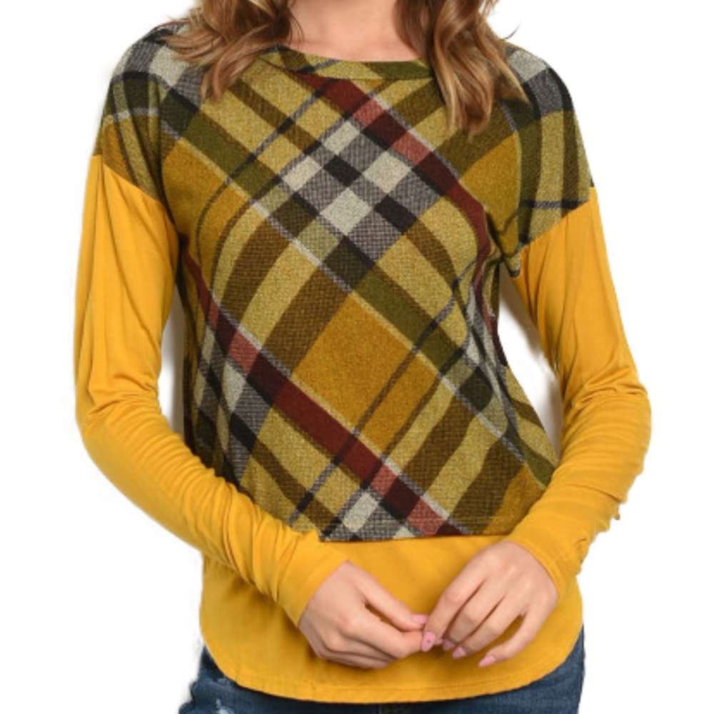 Top NWT MEDIUM Knit Yellow Mustard Plaid Long Sleeve T-shirt casual tee